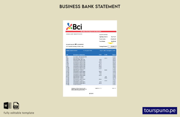 listo para imprimir plantilla de extracto de cuenta de empresa de BCI Bank plant